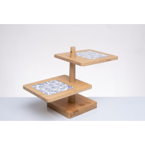 ALZATA/ANTIPASTIERA 2 PIANI IN LEGNO CON CERAMICA FREGIO BLU (cm 18X15x19.5H)