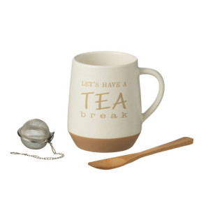 TAZZA DA TE IN PORCELLANA BIANCA+ CUCCHIAINO IN LEGNO +INFUSIONE TE (15x11x24cm)