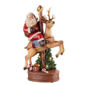 DECORAZIONI DA APPOGGIO CON LUCE LED- BABBO NATALE SU RENNA IN RESINA (18,5x11x34h)