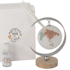 DIFFUSORE GLOBO IN VETRO SU SOSPENSIONE IN METALLO E BASE IN LEGNO (h.14cm) C/BOX