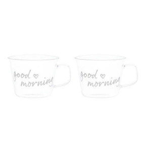 SET 2 TAZZE COLAZIONE IN VETRO BOROSILICATO "GOOD MORNING" SERIGRAFATO IN BIANCO (diam.11xh.8 cm - capienza 480ml)