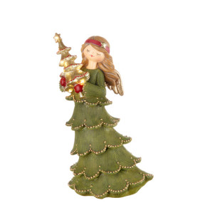 ANGELO IN RESINA VERDE CON ALBERO DI NATALE LED (15x11,5xh.24cm)