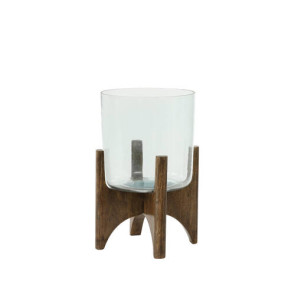 VASO ROTONDO IN VETRO TRASPARENTE CON BASE IN LEGNO (Ã˜22,5x33,5cm)