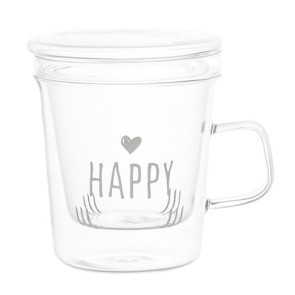TISANIERA IN VETRO BOROSILICATO CON SCRITTA ' HAPPY ' SERIGRAFATO IN BIANCO (10cmx h11,5cm - capienza 400ml)