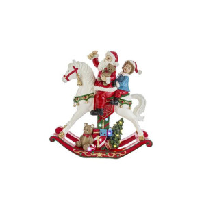 BABBO NATALE SU CAVALLUCCIO A DONDOLO IN RESINA CON LED (34x10xh.35,5cm)