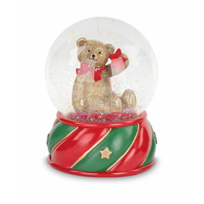 BOULE DE NEIGE ORSETTO CON DETTAGLI IN ROSSO, VERDE, ORO IN CERAMICA E SFERA IN VETRO (10xh.13cm)