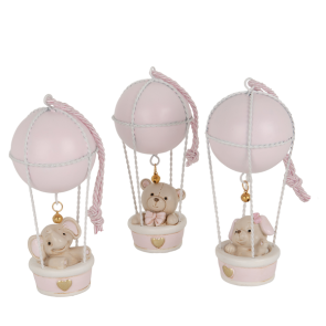 MONGOLFIERA CON ANIMALETTO IN PASTA DI CERAMICA ROSA (h.14cm)-3 SOGG. ASSORTITI