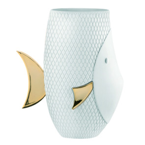 VASO PESCE IN MARMORINO BIANCO/ORO (h.30cm)