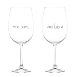 SET 2 CALICI IN VETRO SOFFIATO 'VINO BUONO' SERIGRAFATO IN BIANCO 64cl (h.24x 9,8 cm)