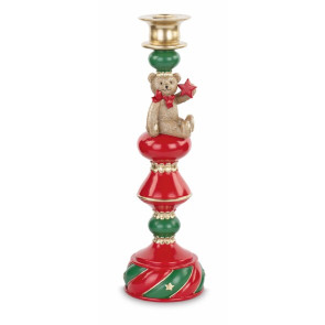 PORTACANDELA ORSETTO CON DETTAGLI IN ORO, VERDE E ROSSO (h.35cm)