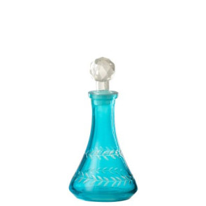 BOTTIGLIA DECORATIVA CON BASE ROTONDA+TAPPO IN VETRO TURCHESE (8,5x8,5x16cm)