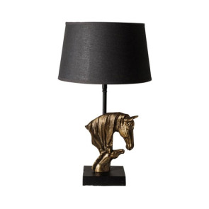LAMPADA DA TAVOLO IN METALLO NERO CON DECORAZIONE CAVALLO DORATO+PARALUME GRIGIO SCURO (h.4cm)