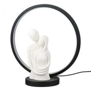 SCULTURA DECORATIVA COPPIA IN CERAMICA CON LED IN CERCHIO IN METALLO NERO (diam.30xh.32cm)