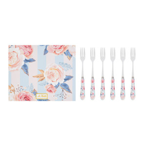 SET 6 FORCHETTINE CON MANICO IN CERAMICA E METALLO STRIPES AND ROSE- 15cm CON ASTUCCIO