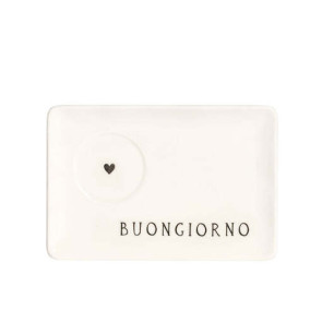 SET 2 PIATTINI PER TAZZINE ESPRESSO IN GRES PORCELLANATO BIANCO CON DECORO "BUONGIORNO" CON CUORICINO NERO (15x10cm)