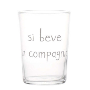 BICCHIERE IN VETRO TEMPERATO 'SI BEVE IN COMPAGNIA' SERIGRAFATO IN BIANCO 50cl (h.12cm x diametro 8,8cm