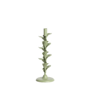 PORTACANDELE DECORATIVO CON FOGLIE IN METALLO OPACO VERDE MENTA ( Ã˜12x33 cm)