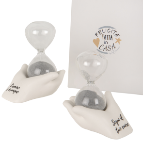 MANI BIANCHE CON FRASE IN CERAMICA CON CLESSIDRA IN VETRO (h.9cm) C/BOX- 2 MOD.ASS