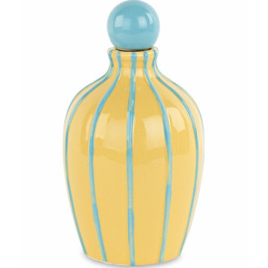 OLIERA IN CERAMICA GIALLA CON RIGHE E TAPPO IN AZZURRO CON SCATOLA (9.5xh.16.5cm)
