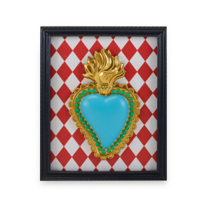 CORNICE RETTANGOLARE CON SACRO CUORE E SFONDO CON ROMBI ROSSI E CORNICE NERA (22x18cm)