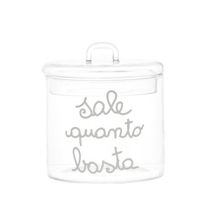 BARATTOLO IN VETRO BOROSILICATO CON SCRITTA 'SALE QUANTO BASTA ' IN BIANCO SERIGRAFATA (d.12cm)