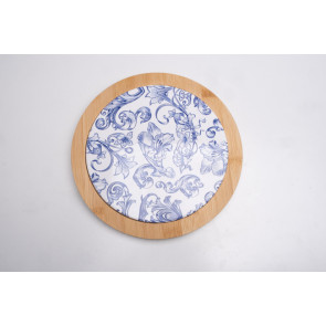 ANTIPASTIERA ROTONDA IN LEGNO CON FREGIO IN CERAMICA BLU (diam.24cm)