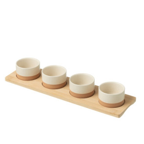SERVIZIO TAPAS 4 CIOTOLINE BIANCO/NATURALE +VASSOIO IN LEGNO (35x9,5x5cm)