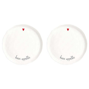 SET 2 PIATTI PIANI IN GRES PORCELLANATO BIANCO "BUON APPETITO" IN NERO EFFETTO ORGANICO (diam.27cm)
