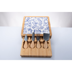TAGLIERE SCATOLA IN LEGNO CON 4 COLTELLI FREGIO IN CERAMICA BLU